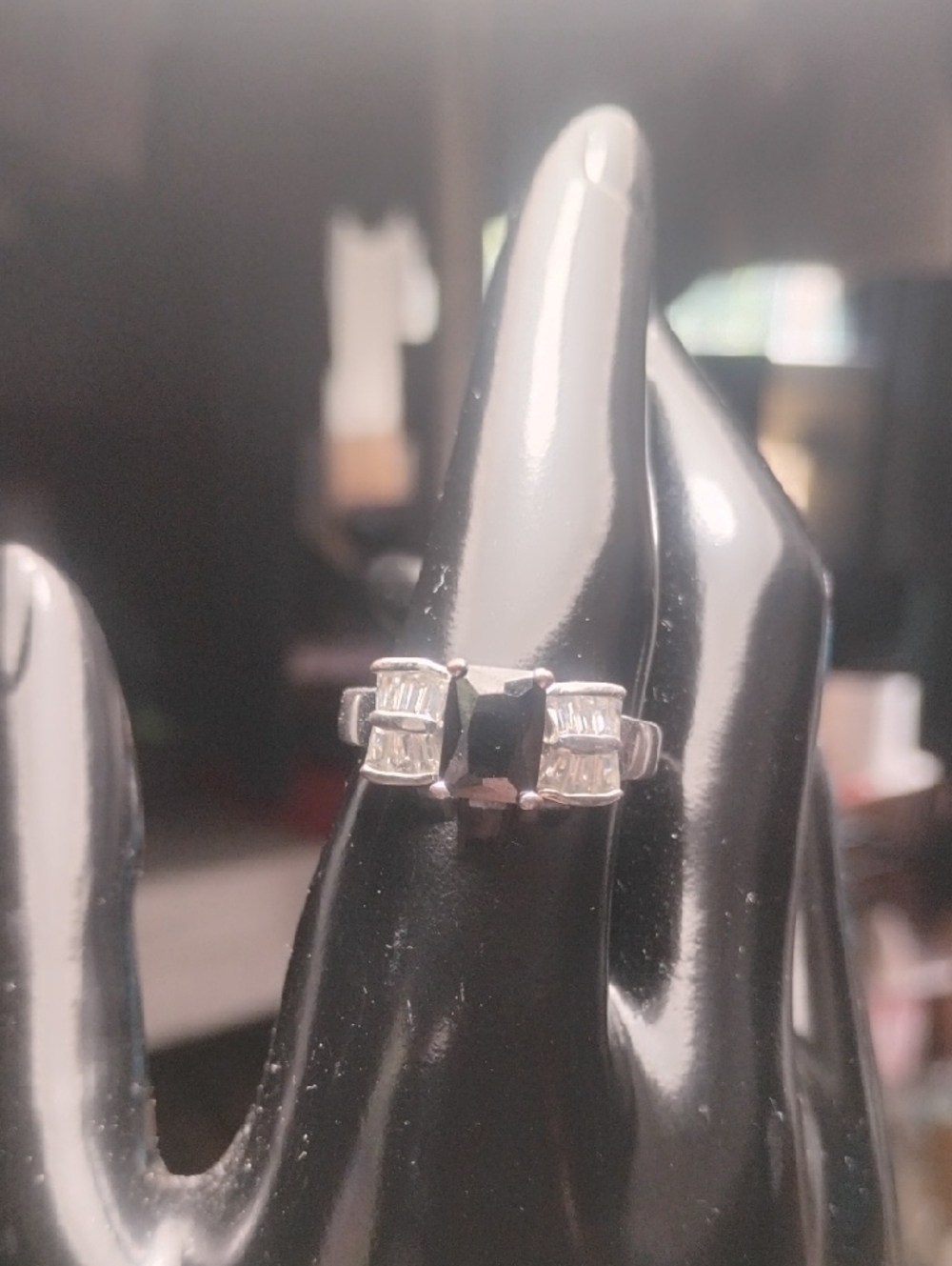 Fun Black And Diamond Style Cute Stones Set In Silver Tone Size 8.75